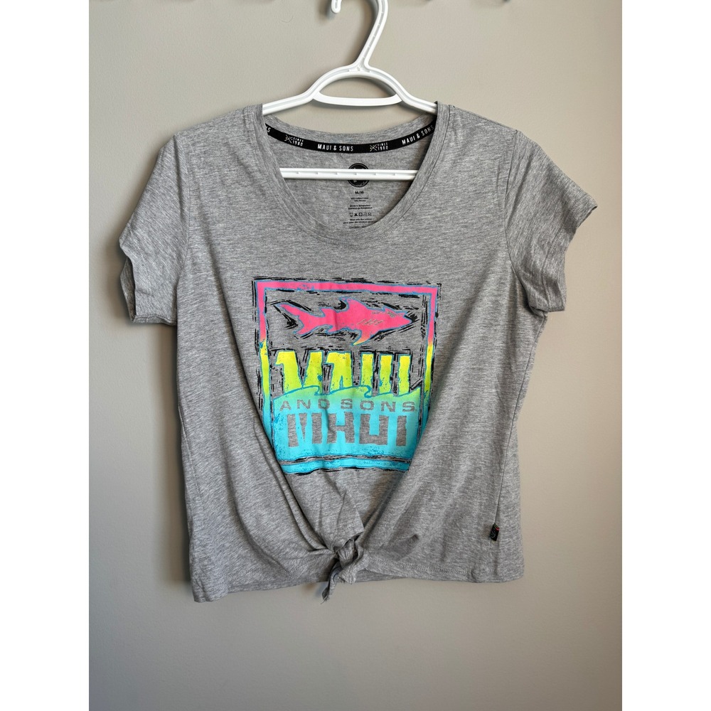 Maui and Sons Womens Tie Front Graphic T-Shirt Shark Neon Gray Short Sleeve M